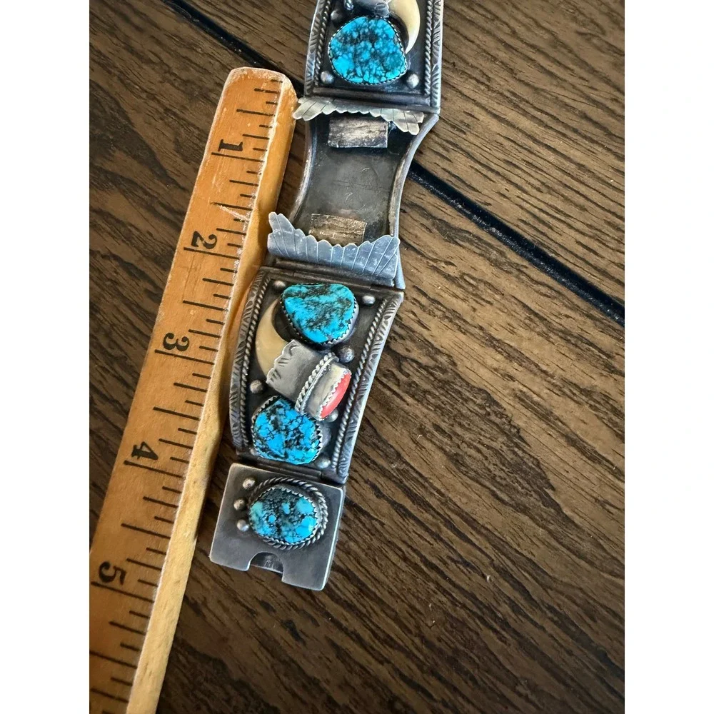 Vintage Navajo Sterling Silver Turquoise CoralClaw Watch Cuff Bracelet signed